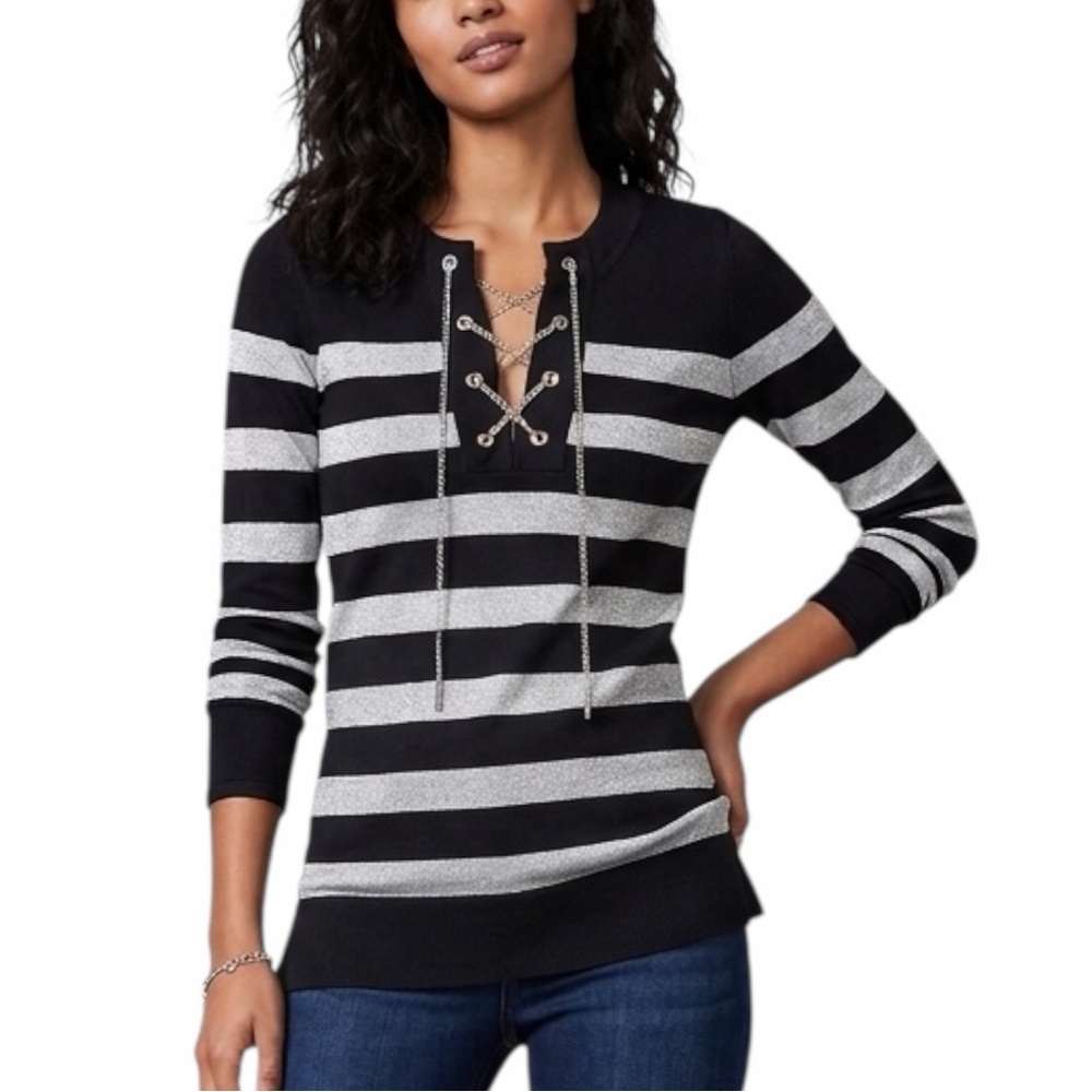 MICHAEL KORS Black Silver Striped Tunic Sweater Chain Lace-Up - Size M